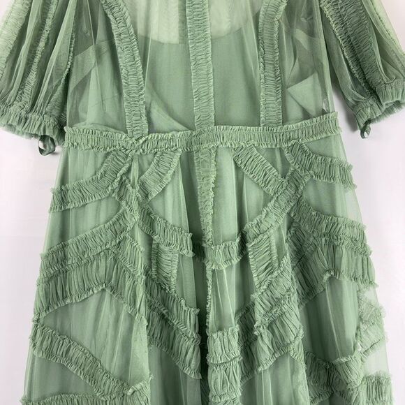 Mac Duggal 8058 Green High Neck Micro Ruffle Tiered Midi Dress Jade Sage - Picture 2 of 7